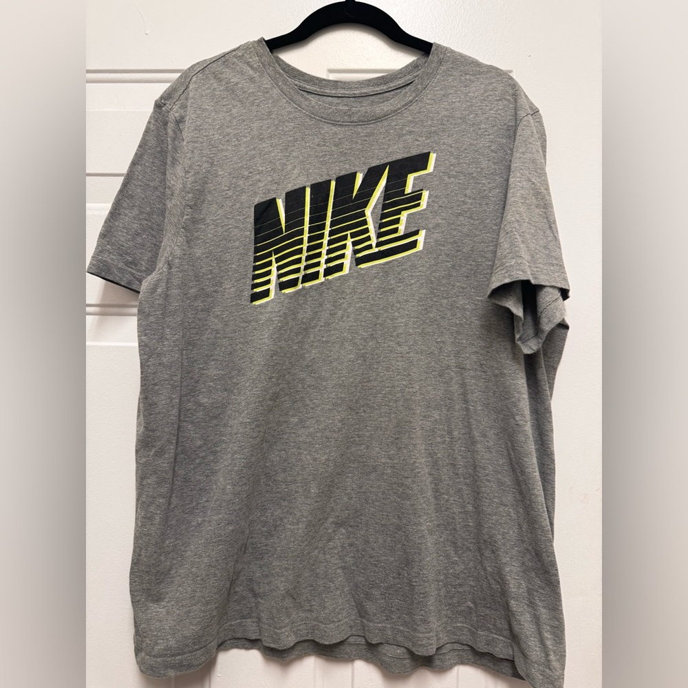 Nike Gray Short Sleeve Tee with Neon Yellow-Outlined Logo